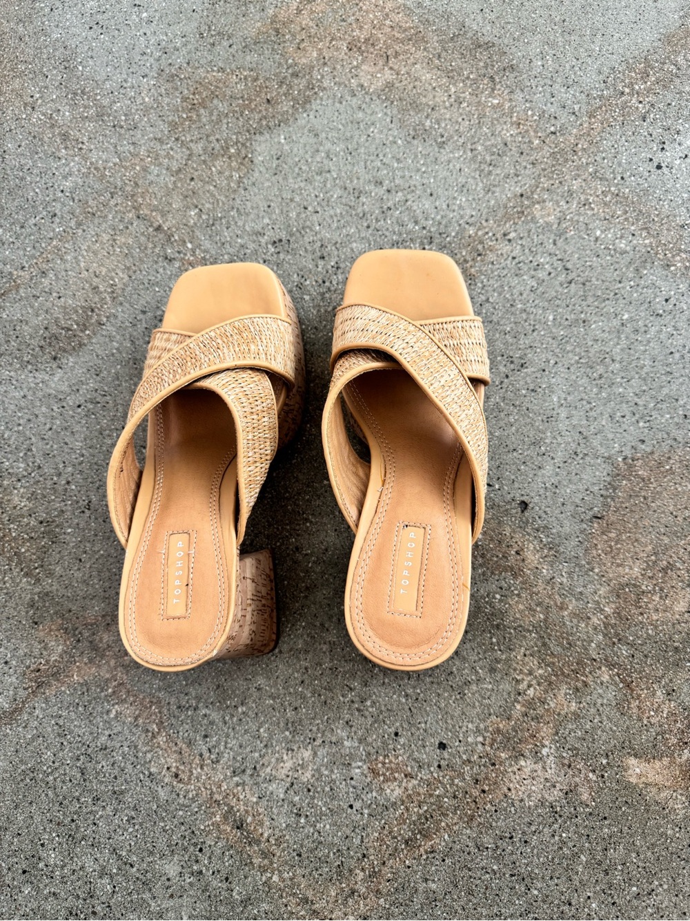 Topshop Woven Tan Crisscross Block Heel Mules